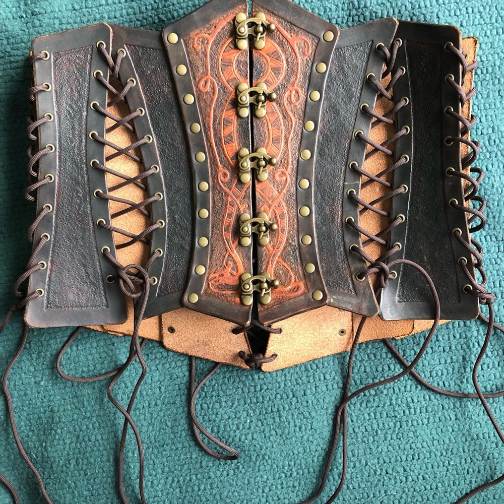 Handcrafted Tooled Leather Underbust Corset Belt with Brass Clasps 30-32” Waist